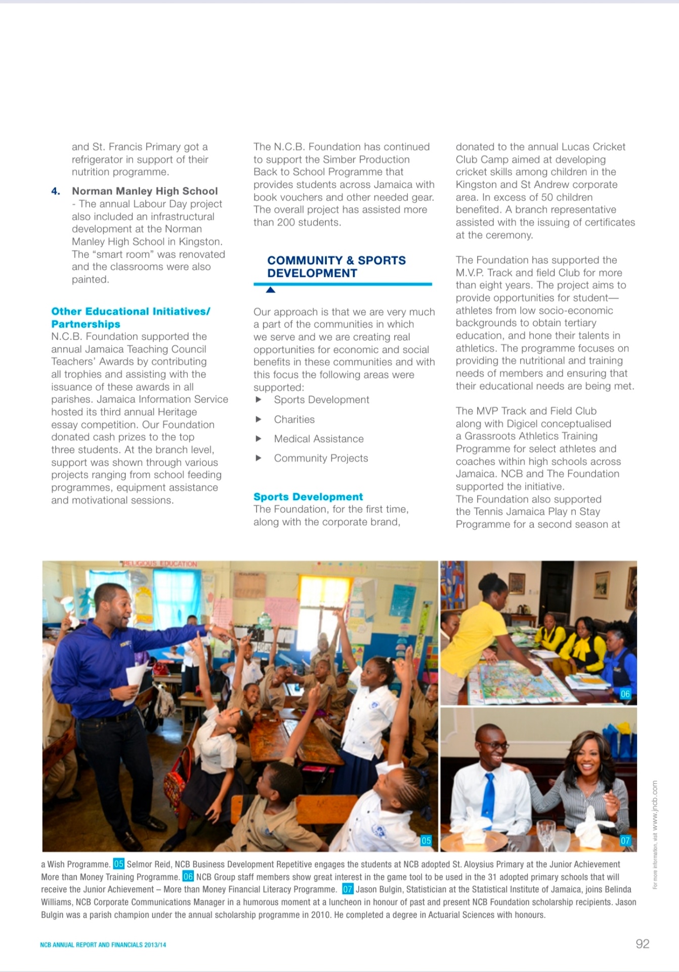 NCB Annual Report 2013/14 page 92 featuring Selmor Reid teaching primary students in Kingston.