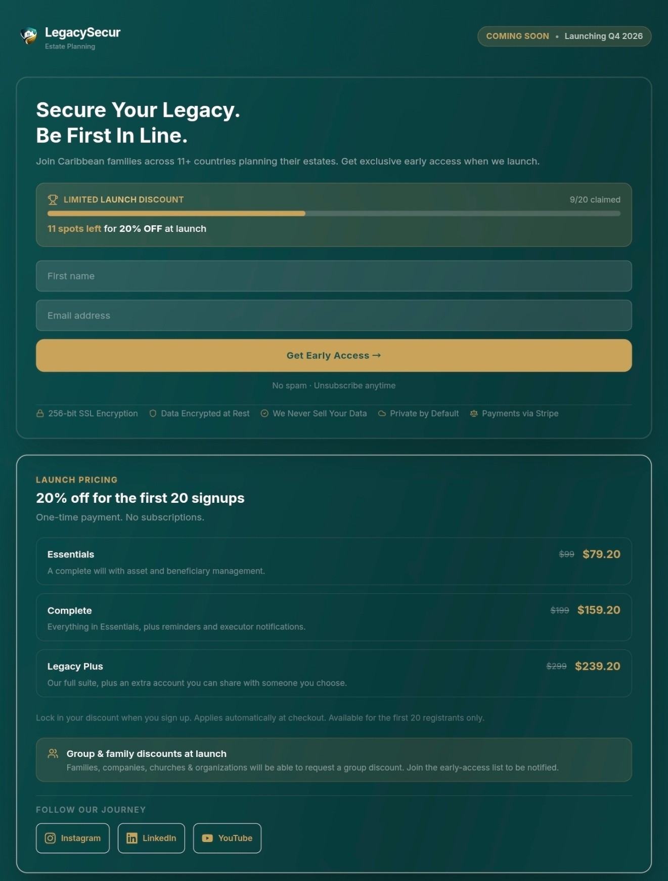 LegacySecur pre-launch page — hero and pricing