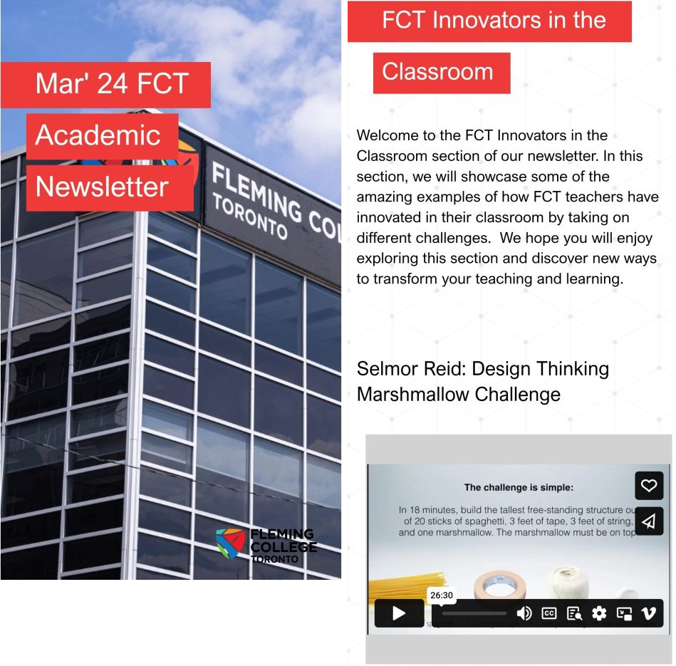 Fleming College Toronto March 2024 academic newsletter — FCT Innovators in the Classroom feature on Selmor Reid's Design Thinking Marshmallow Challenge.